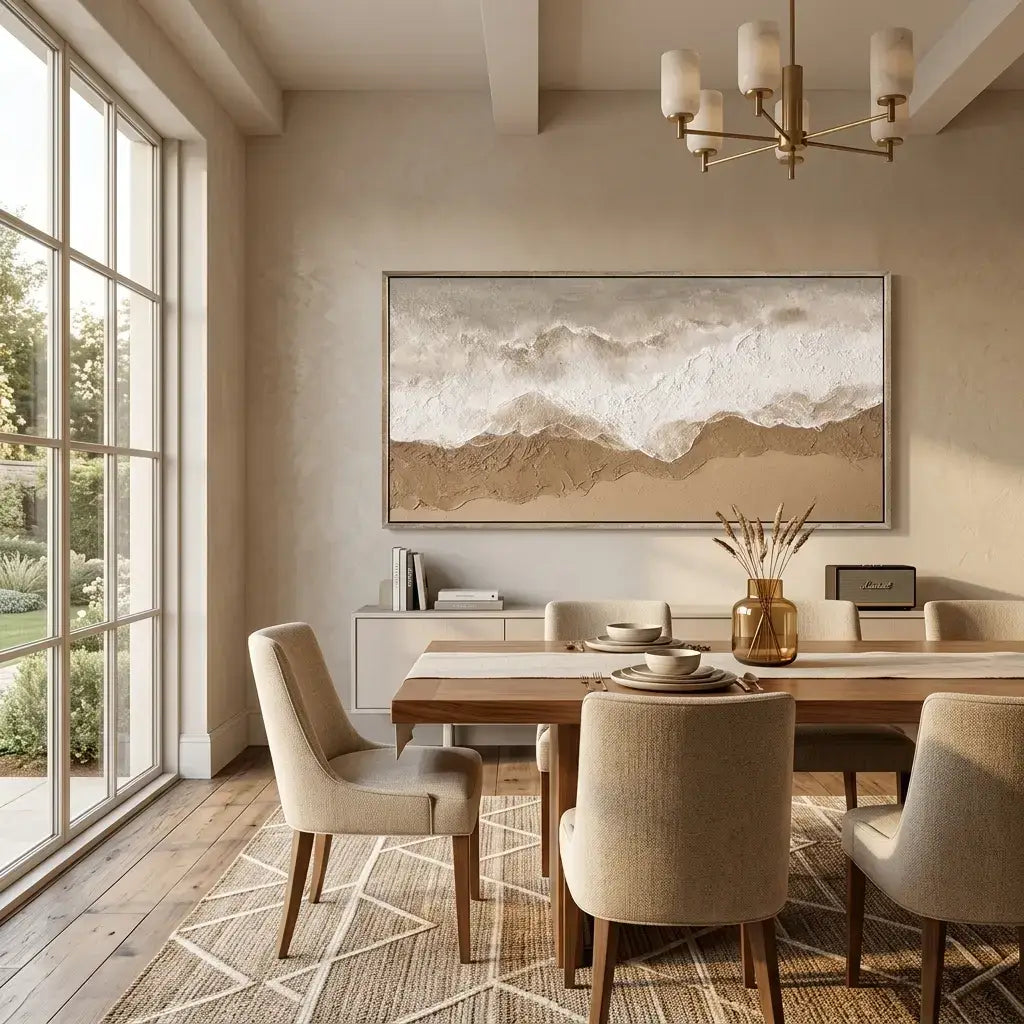 Modern dining room with wooden table, chairs, and abstract wall art.