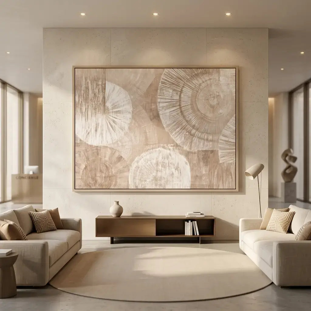 Modern living room with abstract wall art, neutral color scheme, and minimal decor.