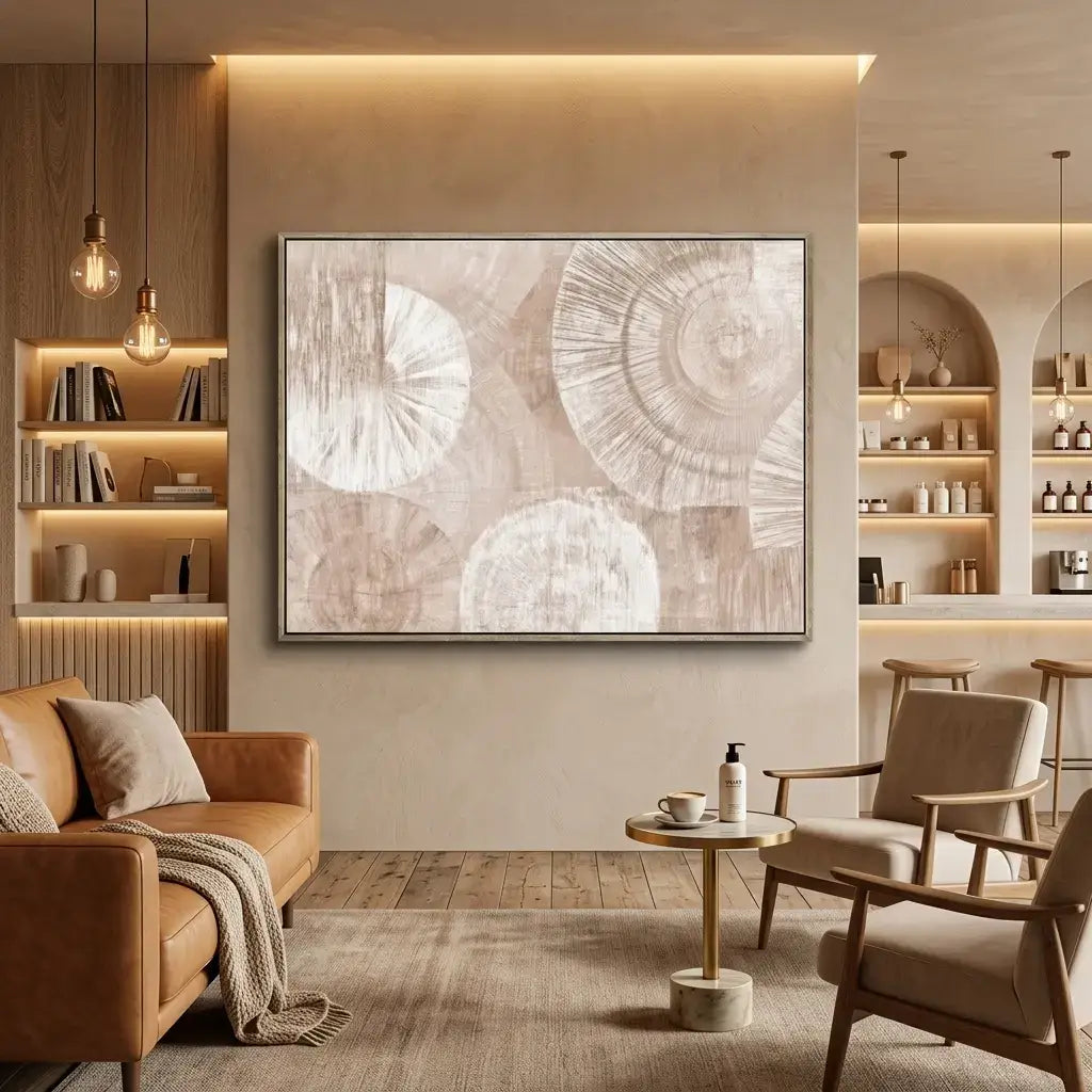 Modern living room with abstract art, brown sofa, and wooden chairs.