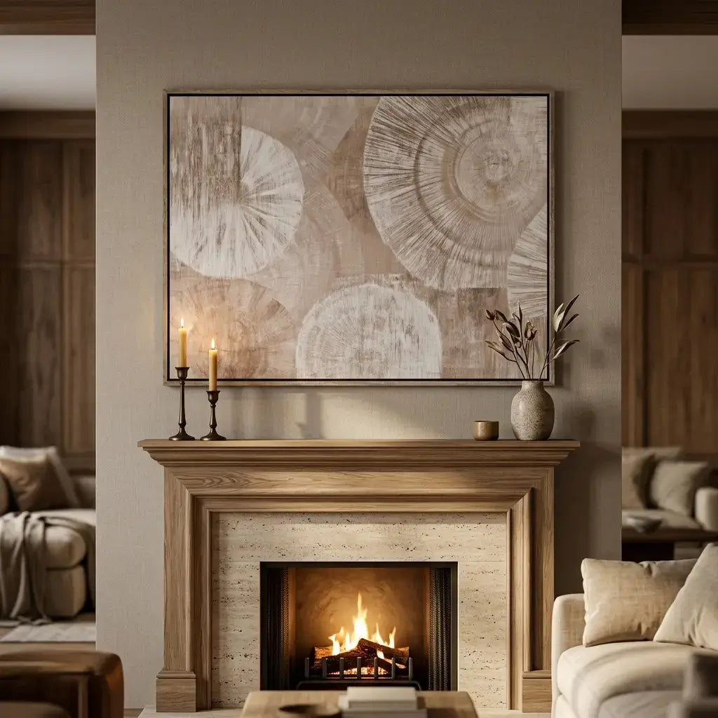 Living room with a fireplace, candles, and abstract art on the wall.