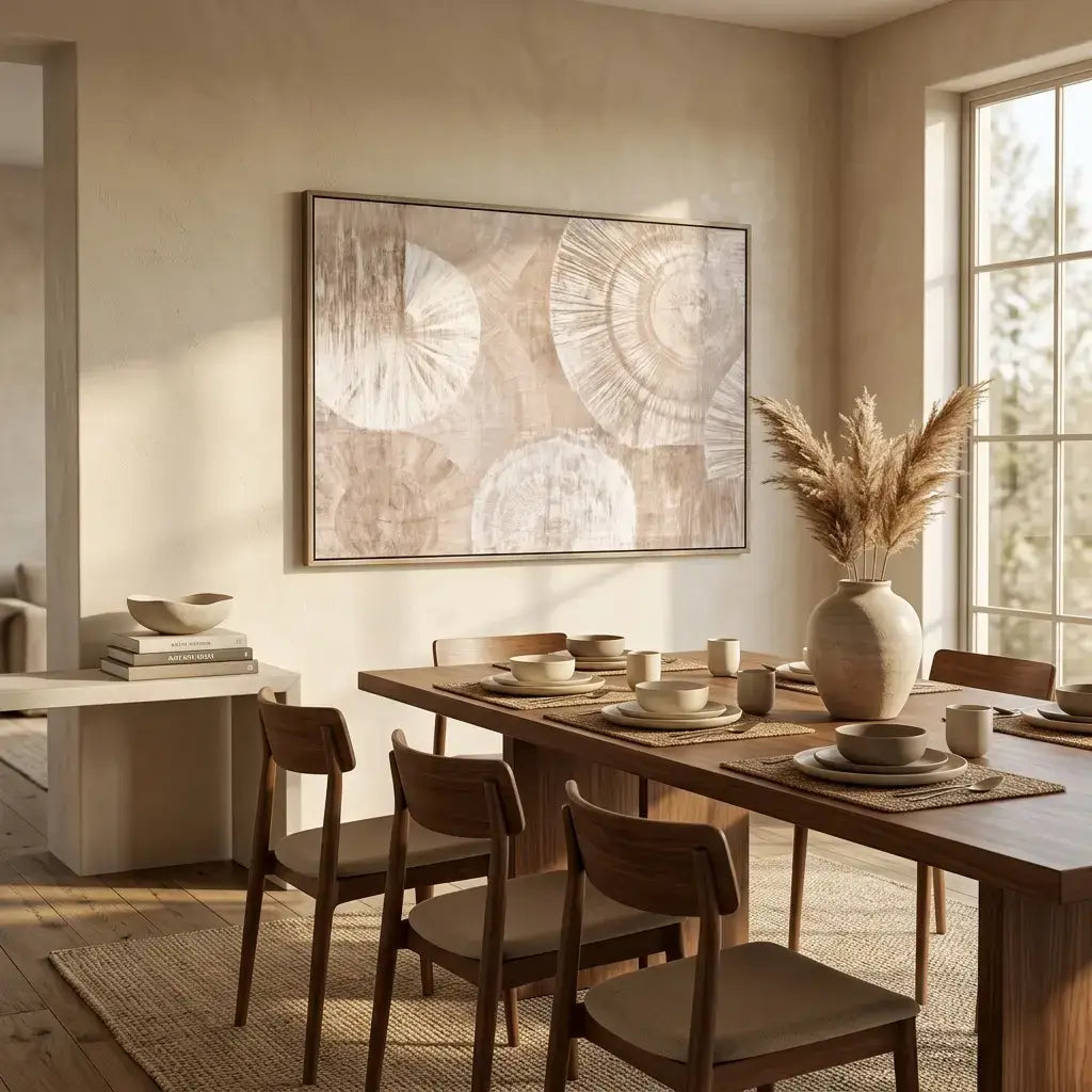 Dining room with wooden table and chairs, neutral decor, and large abstract painting on wall.