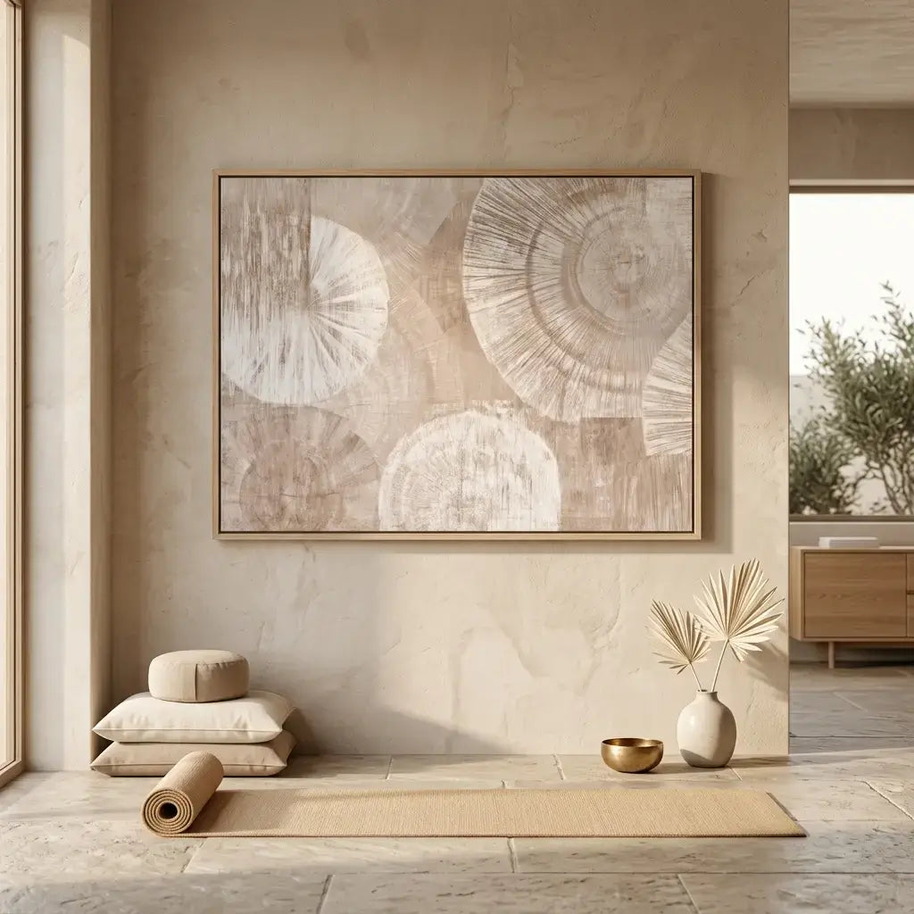 Modern interior with abstract wall art, decorative pillows, and a vase.