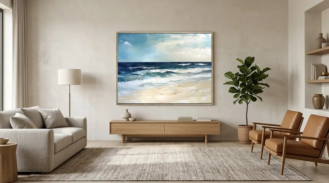 Modern living room with a large TV displaying an ocean scene, beige sofa, wooden coffee table, and brown chairs.