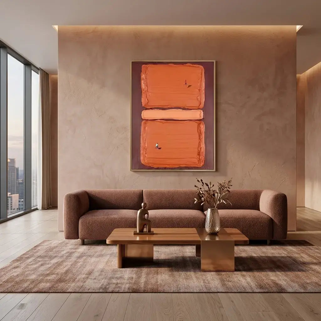 Modern living room with a brown sofa, wooden coffee table, and abstract orange artwork on the wall.