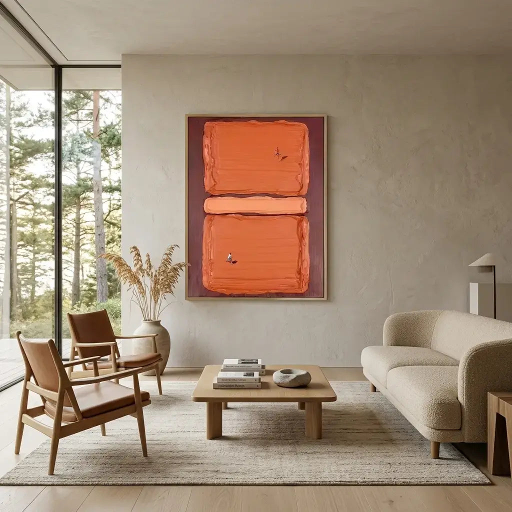 Modern living room with a beige sofa, wooden coffee table, and orange abstract painting.