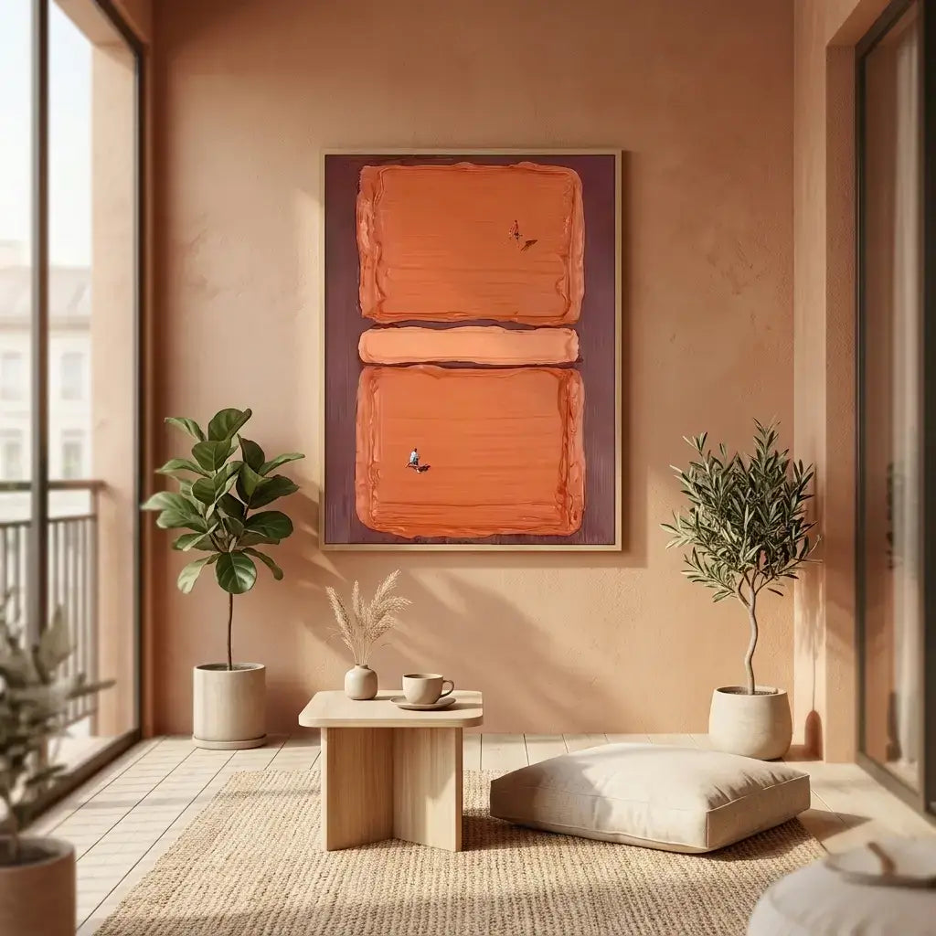 Modern interior with abstract orange artwork on a peach wall, plants, and a wooden table.