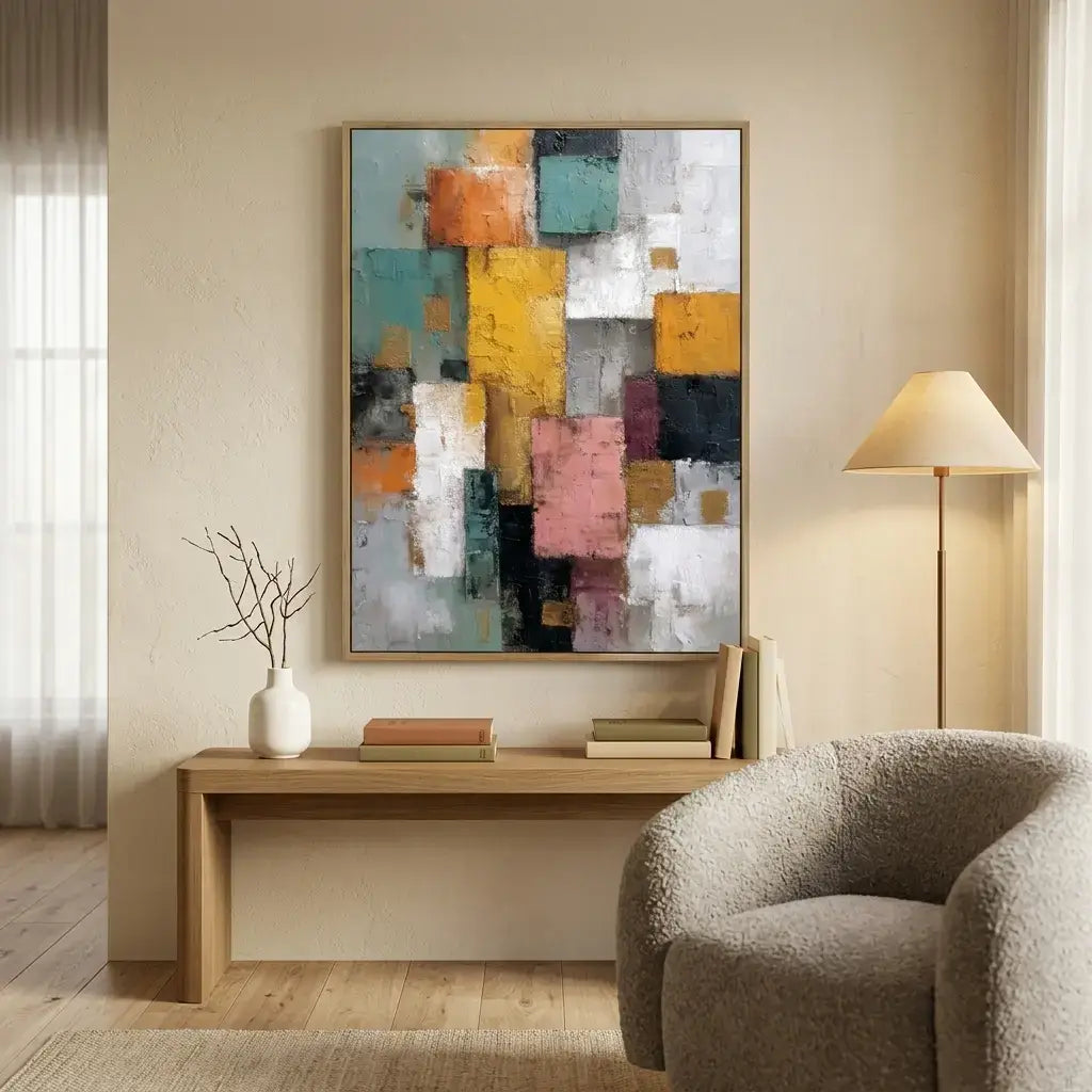 Modern living room with abstract painting, lamp, and sofa