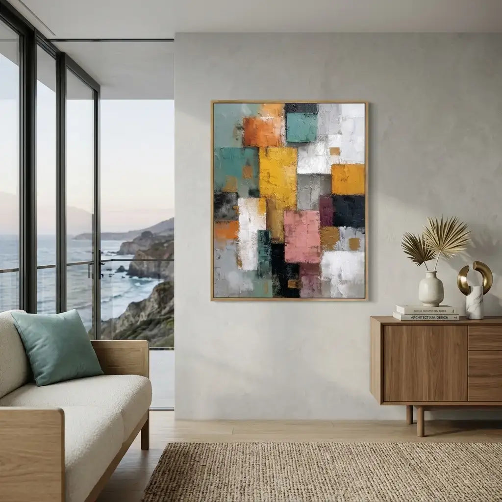 Modern living room with abstract art, sofa, and sideboard.