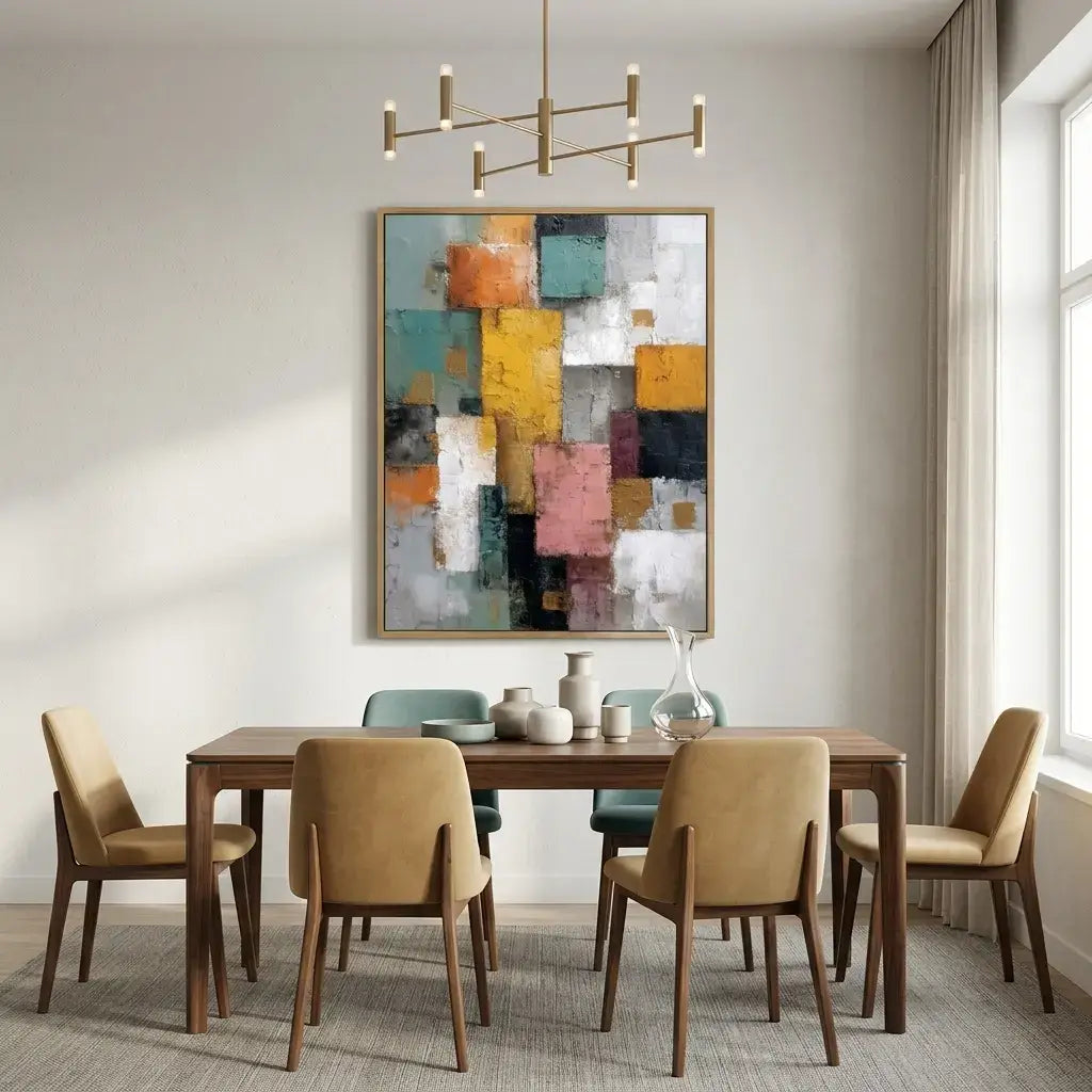 Dining room with a wooden table and chairs, abstract painting on the wall, and a chandelier.