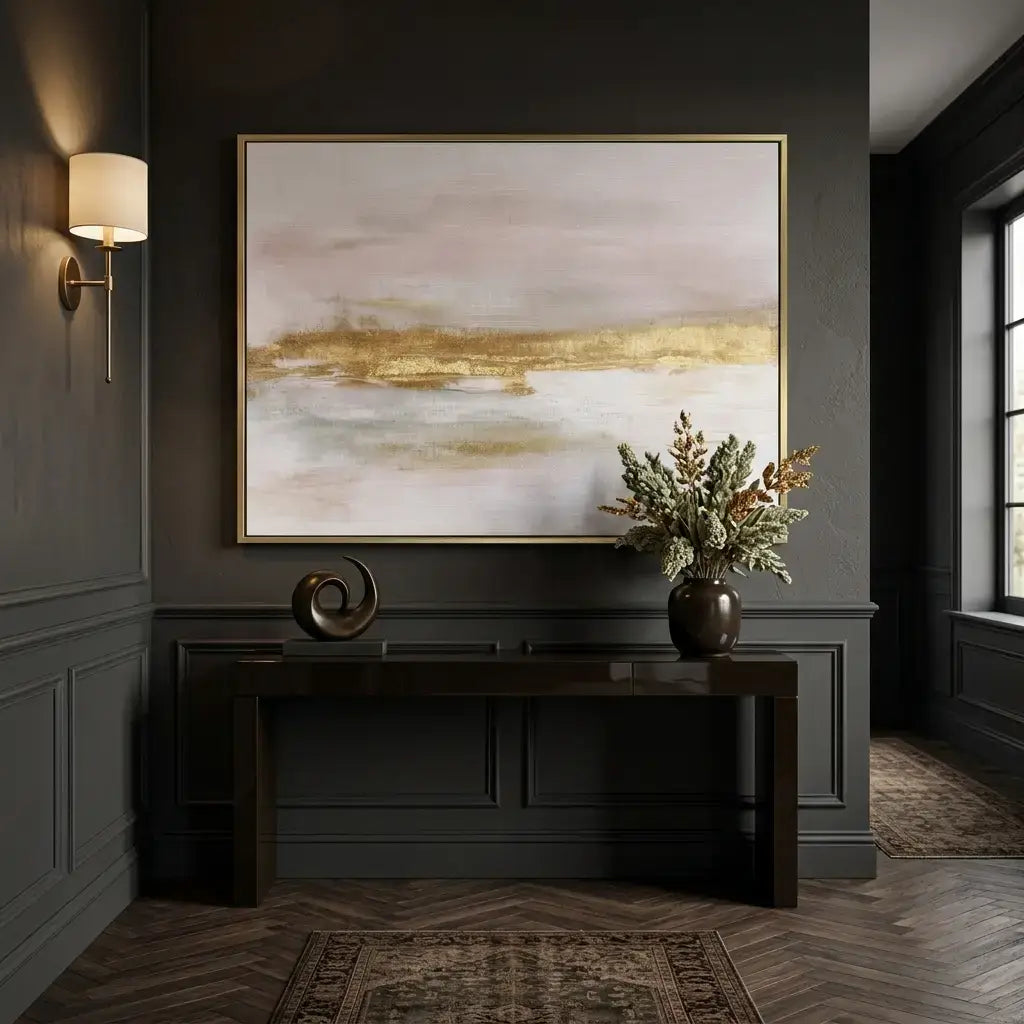 Decorative interior with a painting, vase, and sculpture on a dark wall.