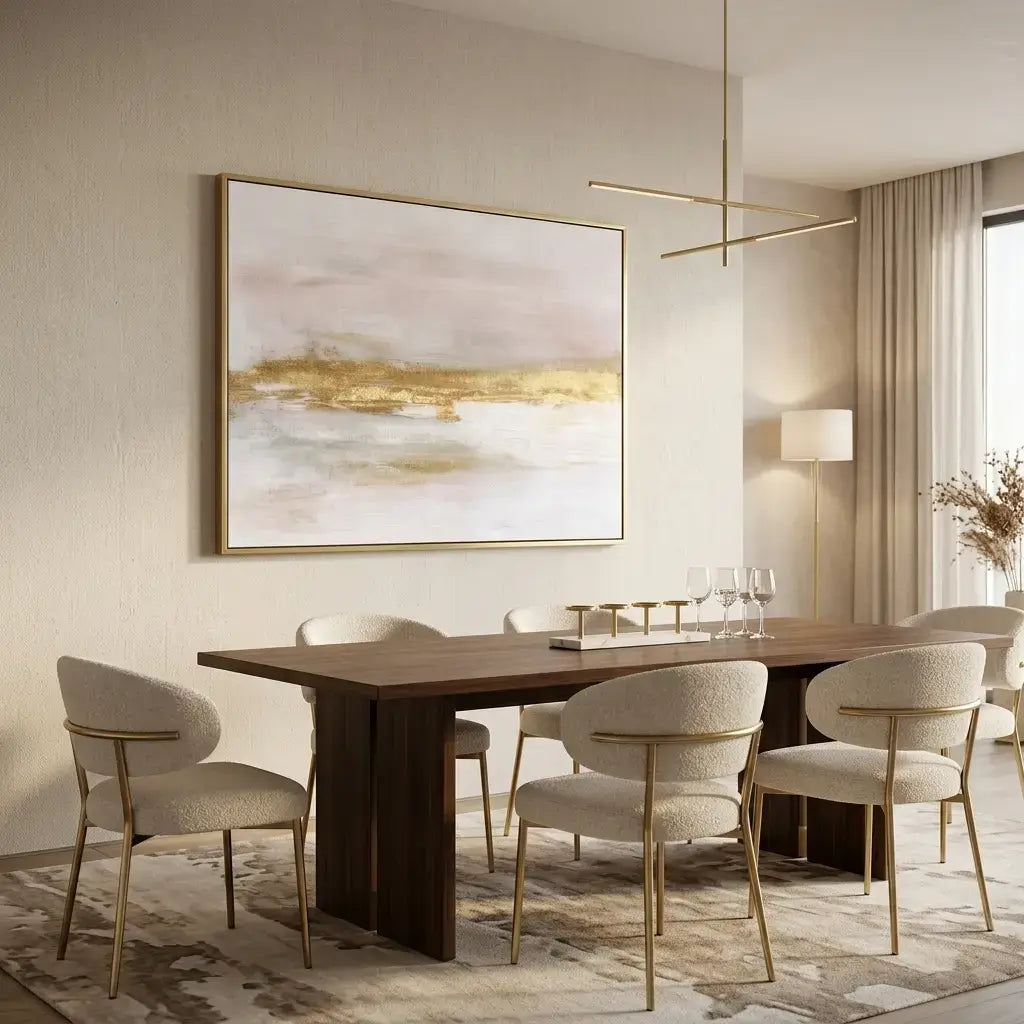 Modern dining room with a wooden table and chairs, abstract painting on the wall, and decorative elements.