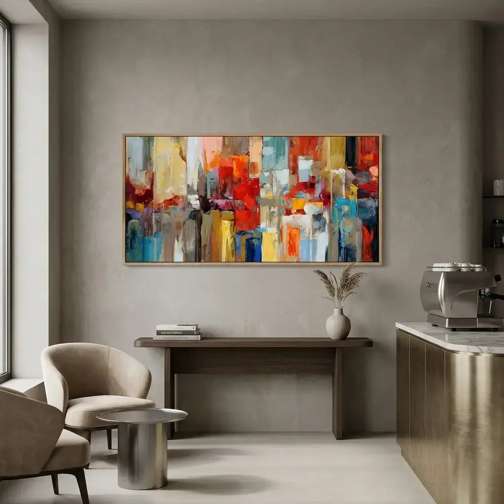Modern interior with a colorful abstract painting on a gray wall, a desk, and chairs.