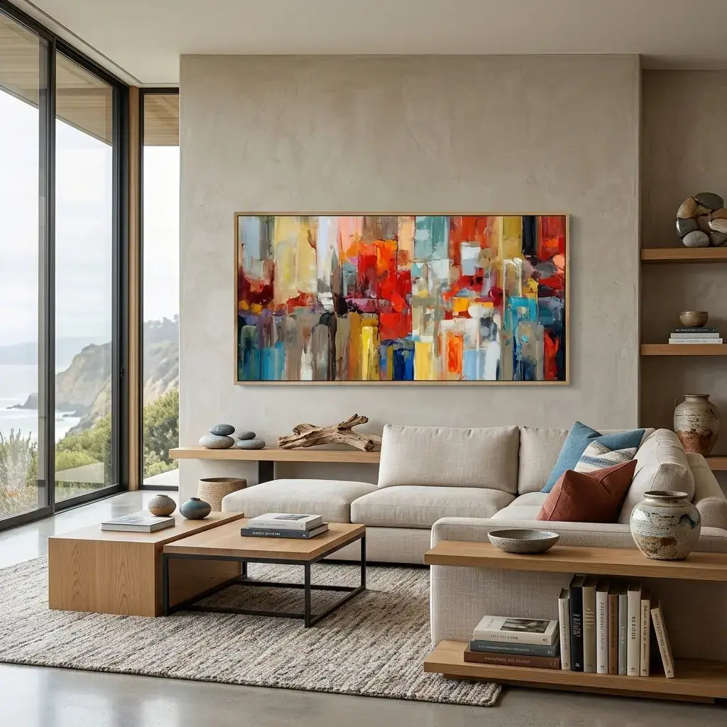 Modern living room with a large abstract painting on the wall, a beige sofa, and wooden coffee table.