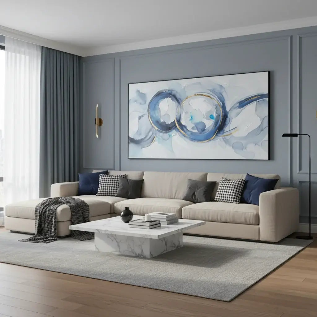 Modern living room with a beige sectional sofa, marble coffee table, and abstract artwork on the wall.