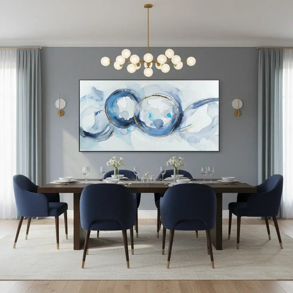 Dining room with a large abstract painting on the wall, modern chairs, and a chandelier.
