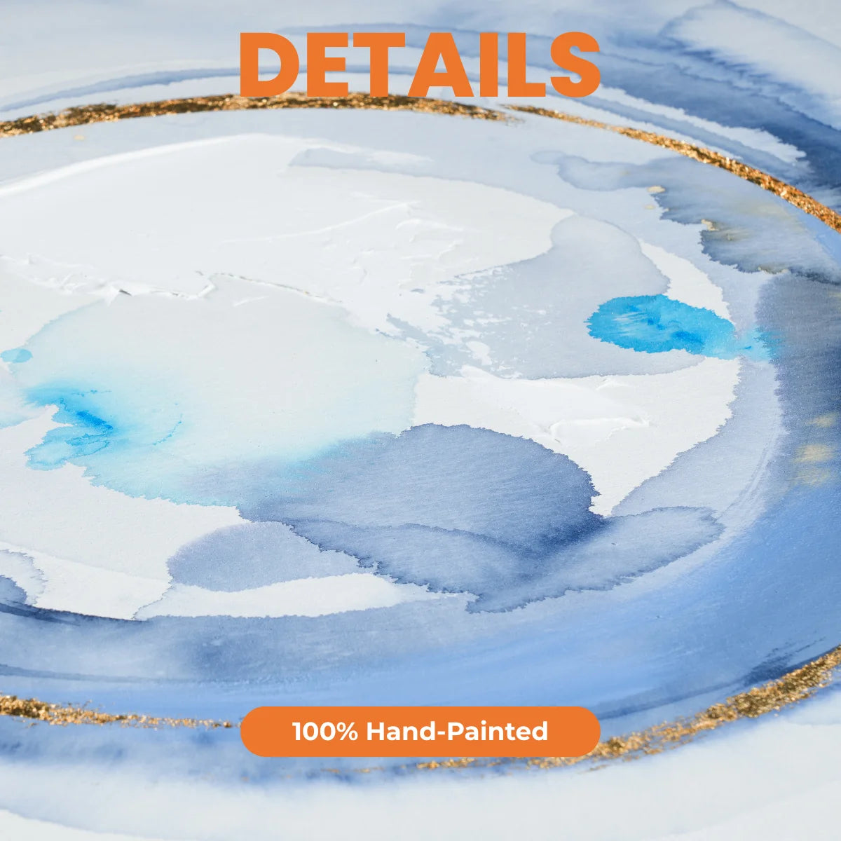 Hand-painted design with blue and white abstract patterns on a white background, featuring the text '100% Hand-Painted'.