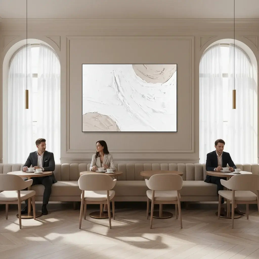 People sitting at tables in a modern cafe with large windows and abstract art on the wall.