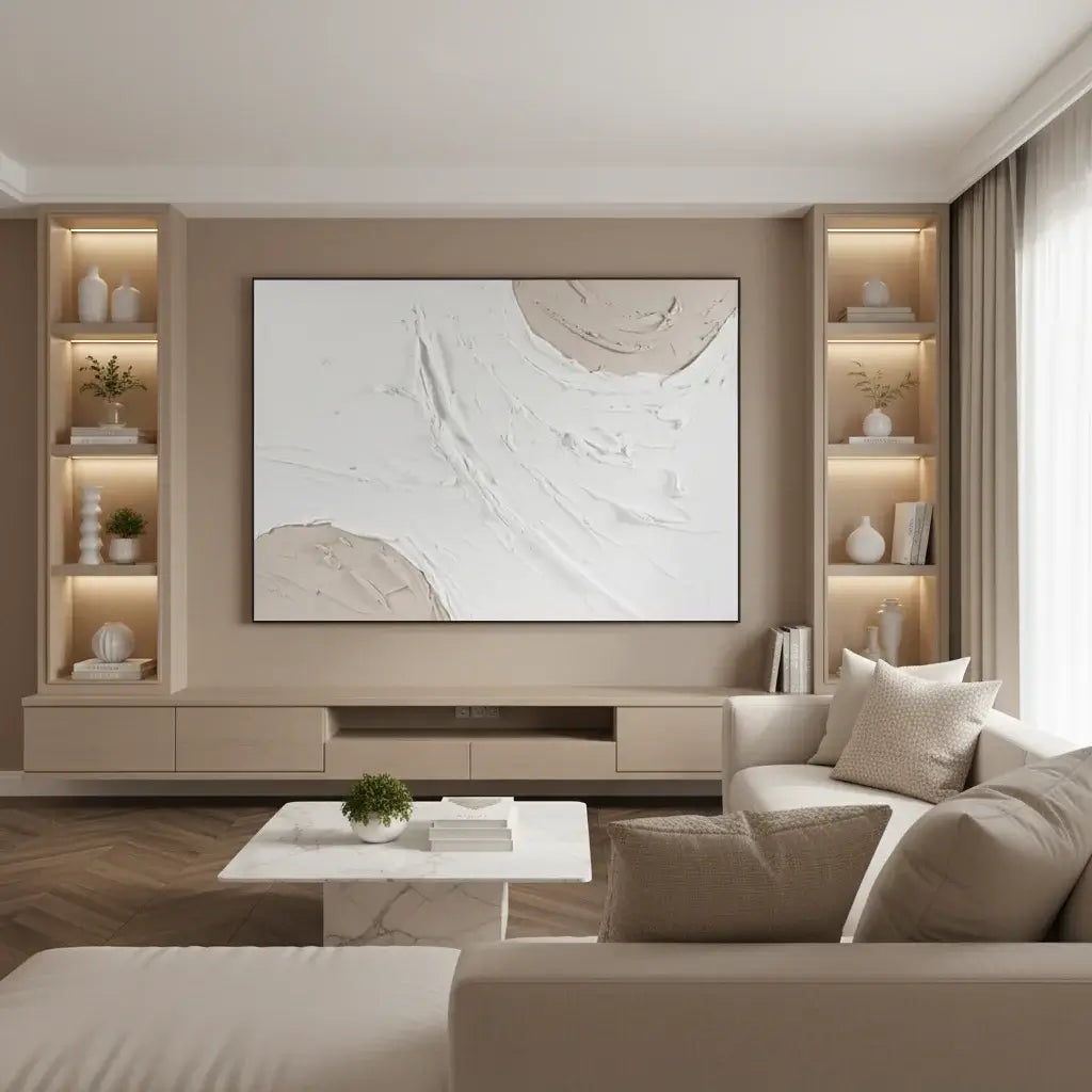 Modern living room with beige walls, a sofa, coffee table, and abstract painting.