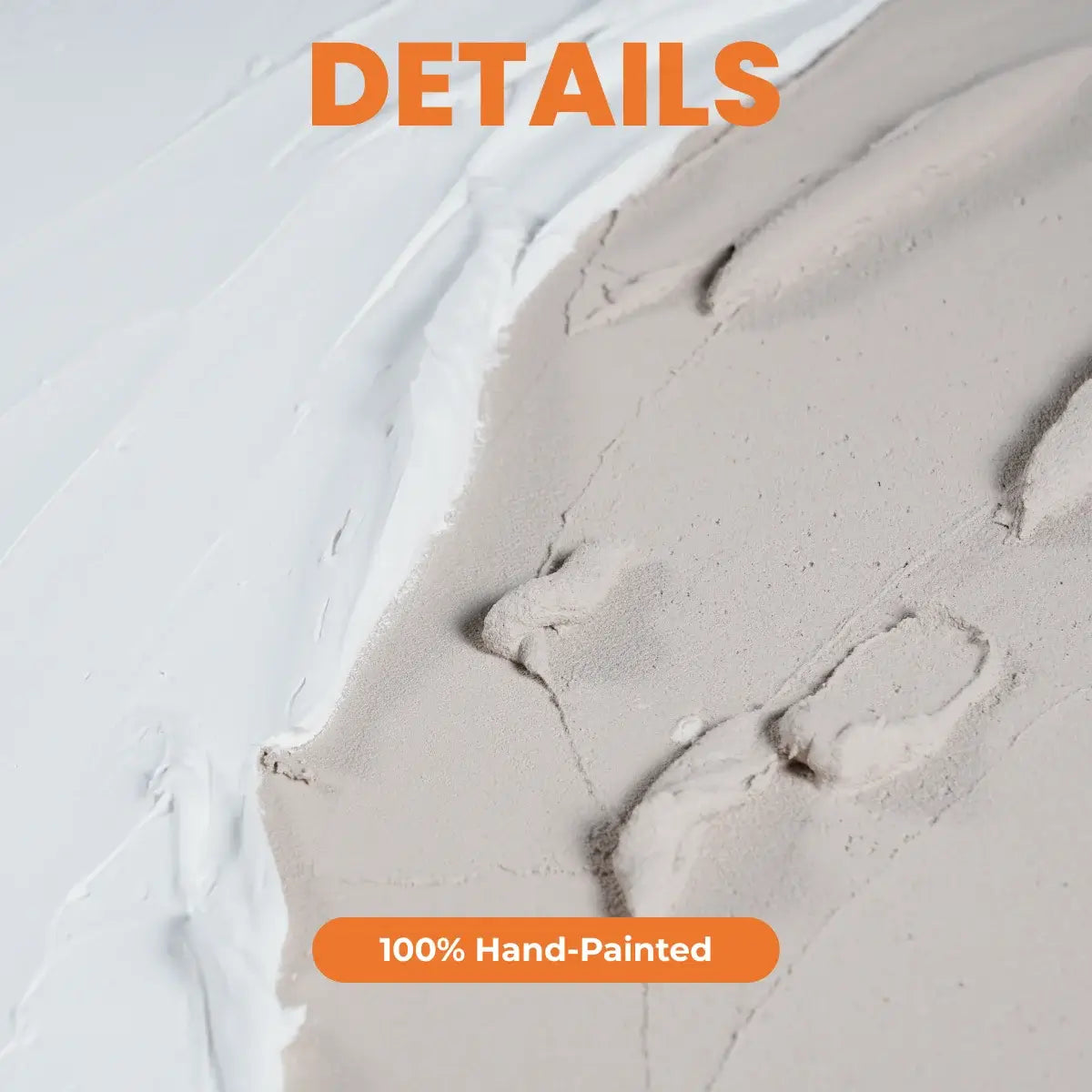 Close-up of a textured surface with '100% Hand-Painted' label in orange.