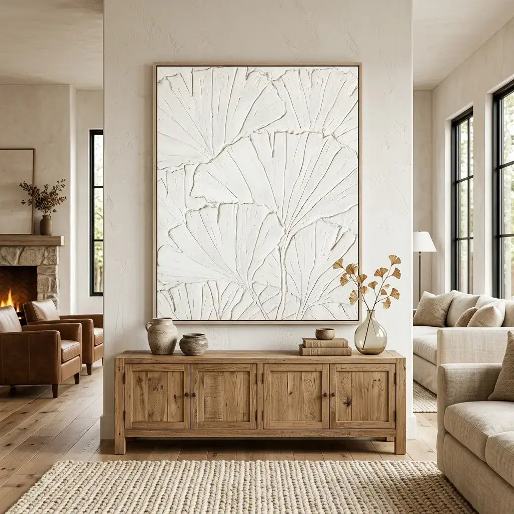 Living room with wooden console table, abstract artwork, and decorative items.