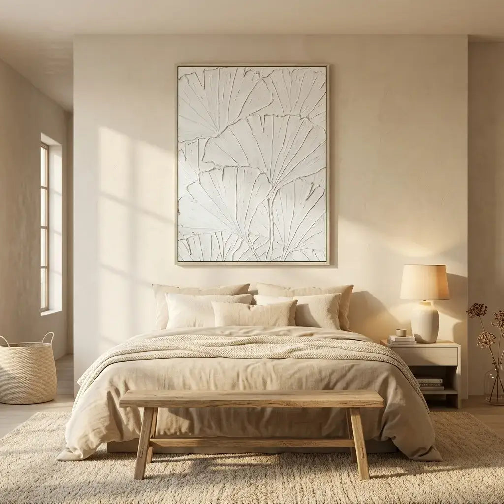 Neatly made bed in a bedroom with abstract wall art and a lamp.