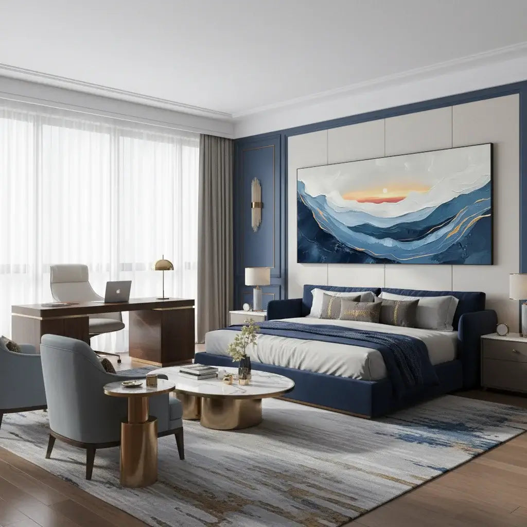Modern bedroom with blue landscape oil painting, large bed, and desk area.