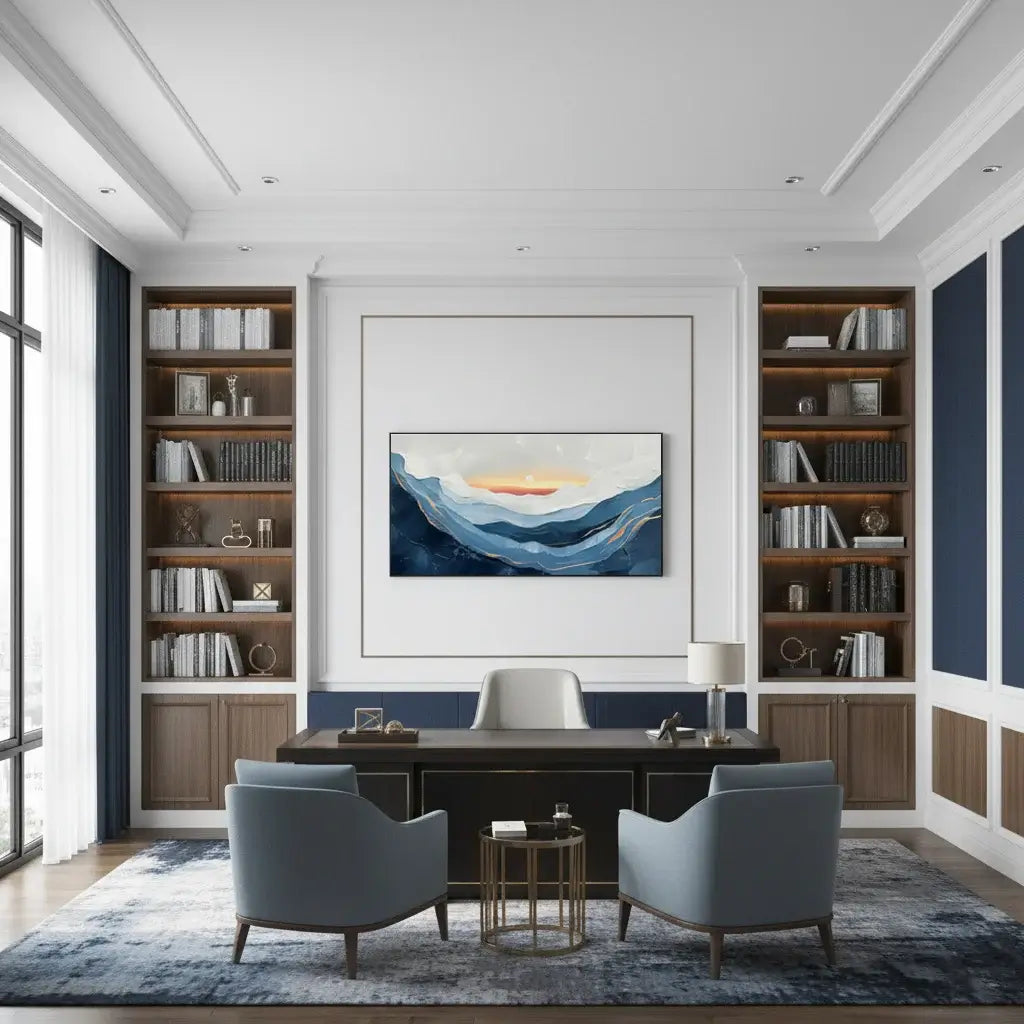 Modern office interior with bookshelves, a desk, and decorative elements.