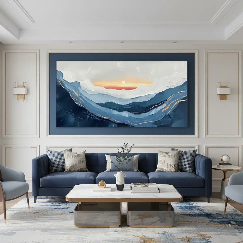 Modern living room with a blue sofa, abstract wall art, and decorative items.