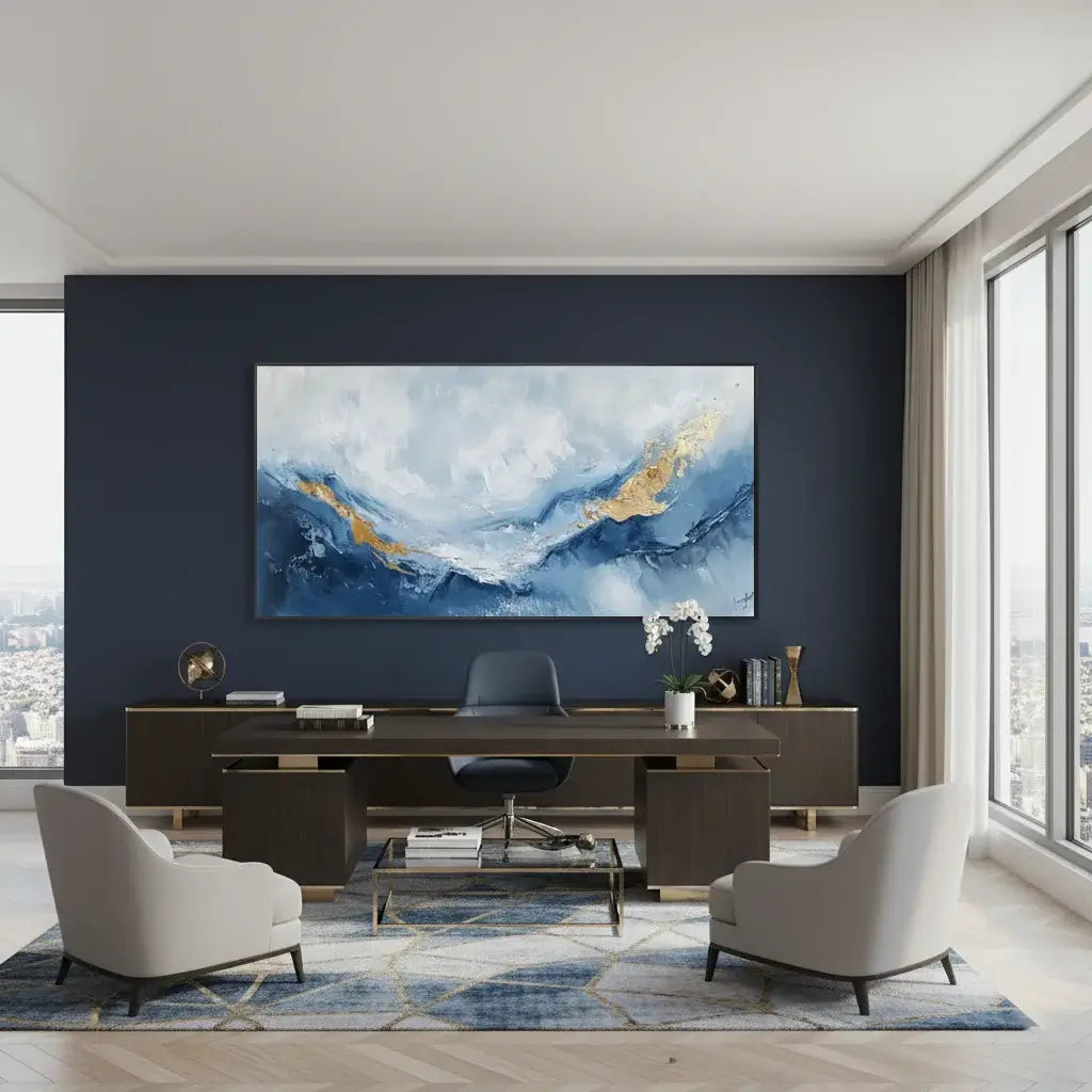 Modern office interior with a large abstract painting on a dark blue wall.