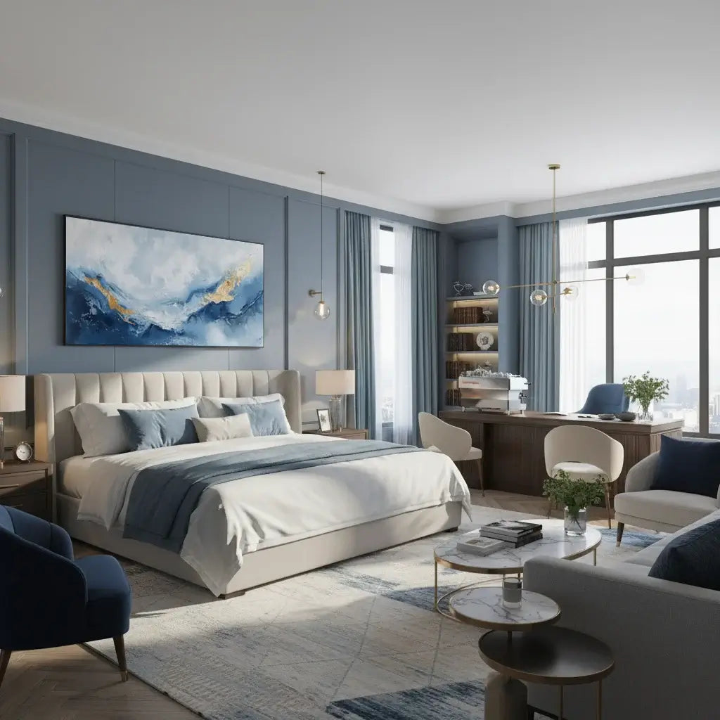 Modern bedroom with a bed, desk, and armchair in a well-lit room.