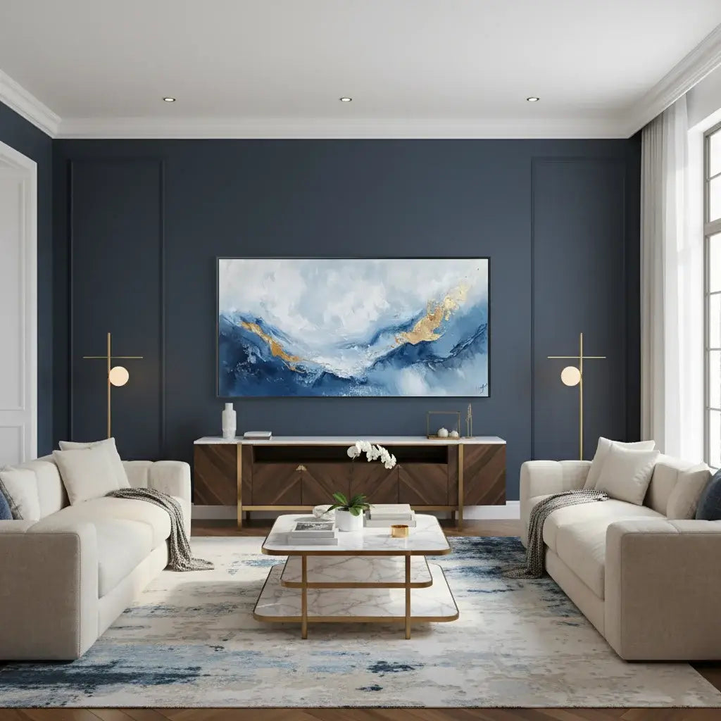Modern living room with abstract painting on a dark blue wall