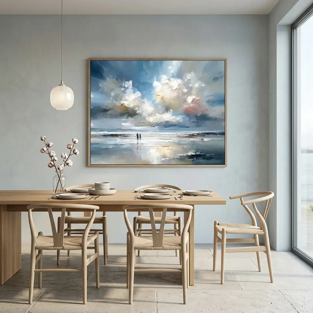 Dining room with wooden table and chairs, large framed painting of clouds on the wall.