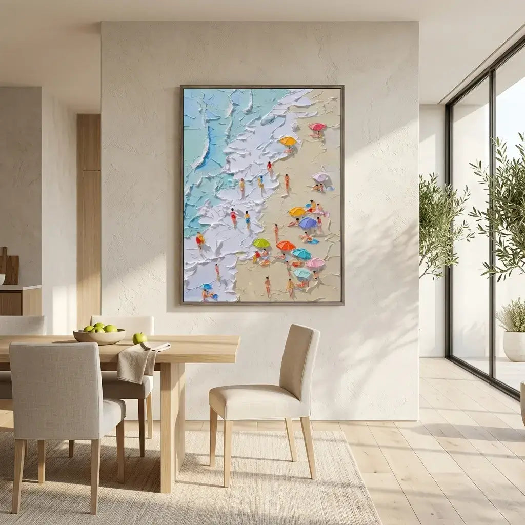 Dining room with a large abstract beach scene painting on the wall.