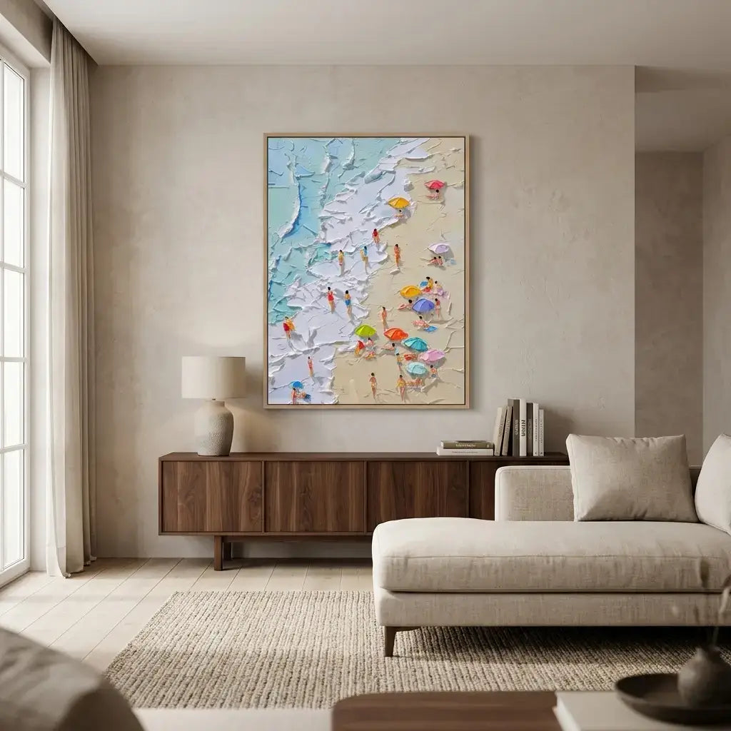 Modern living room with a large abstract painting on the wall, wooden sideboard, and beige sofa.