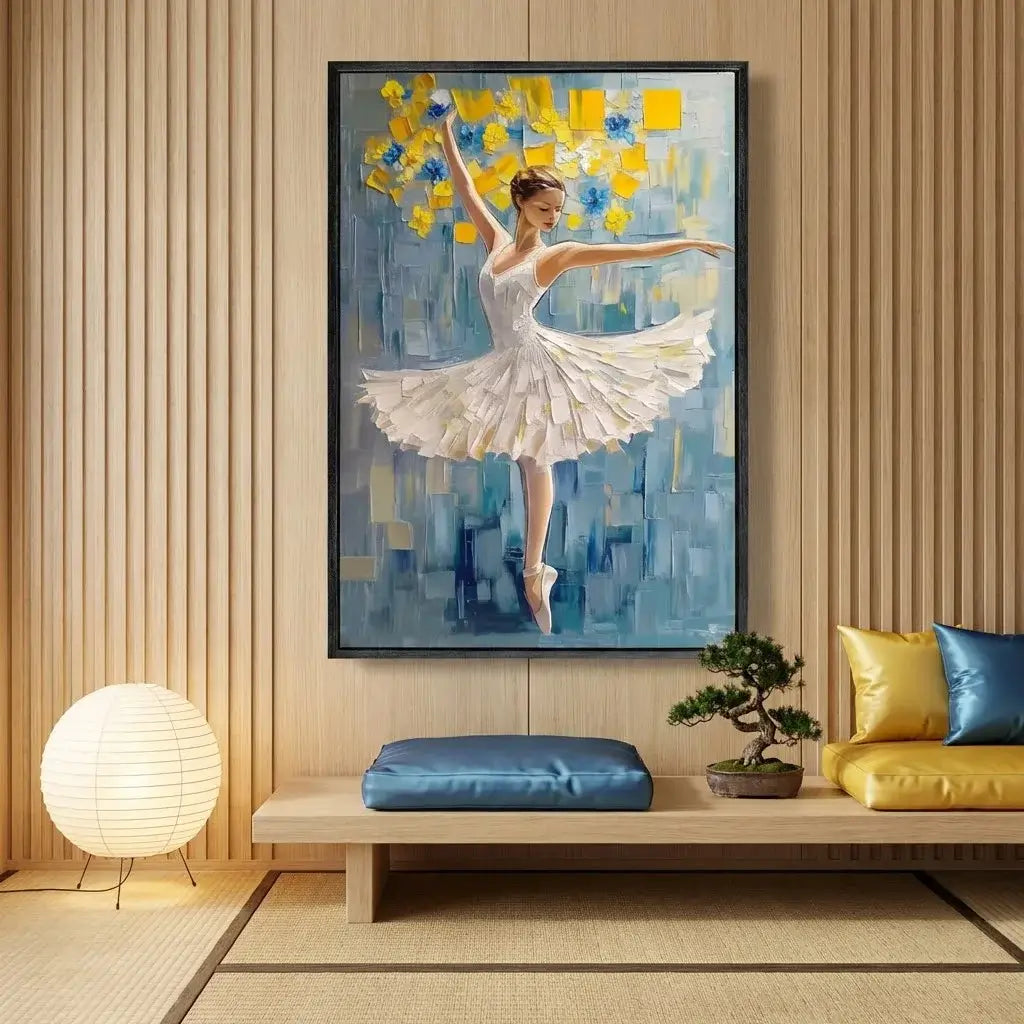 Framed painting of a dancer in a modern living room setting with a yellow sofa and lamp.