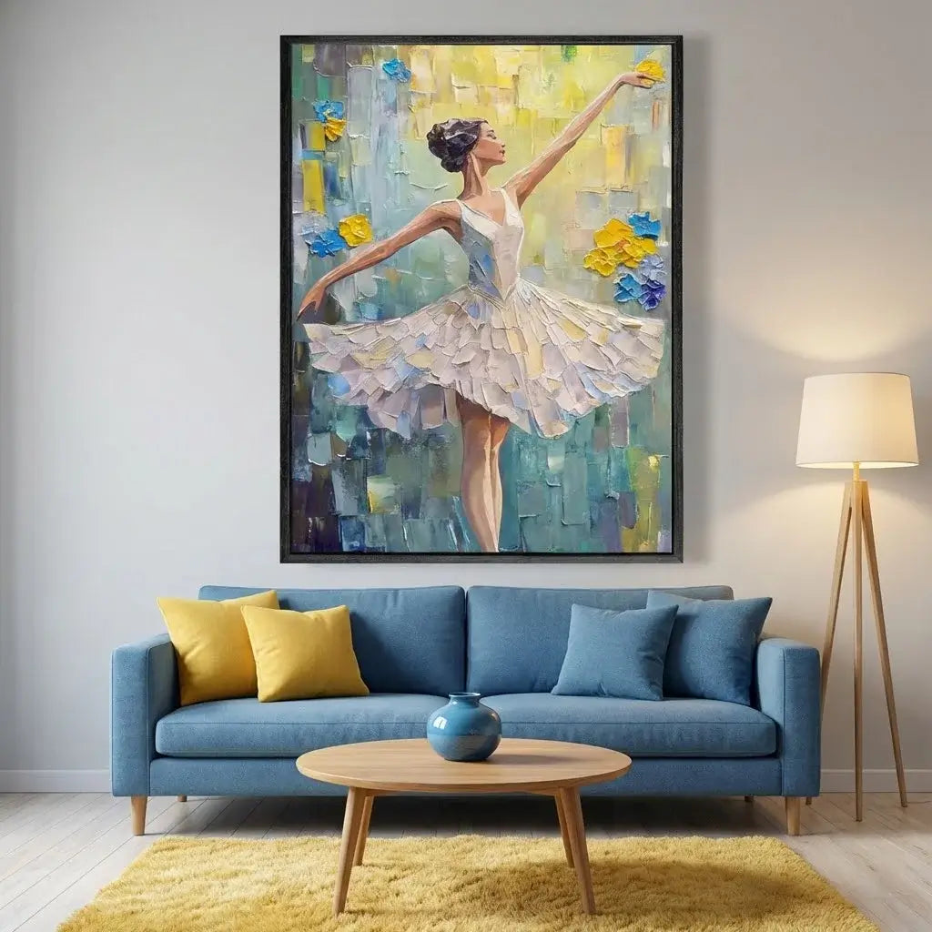 Living room with a blue sofa, yellow rug, and a large abstract painting of a dancer on the wall.