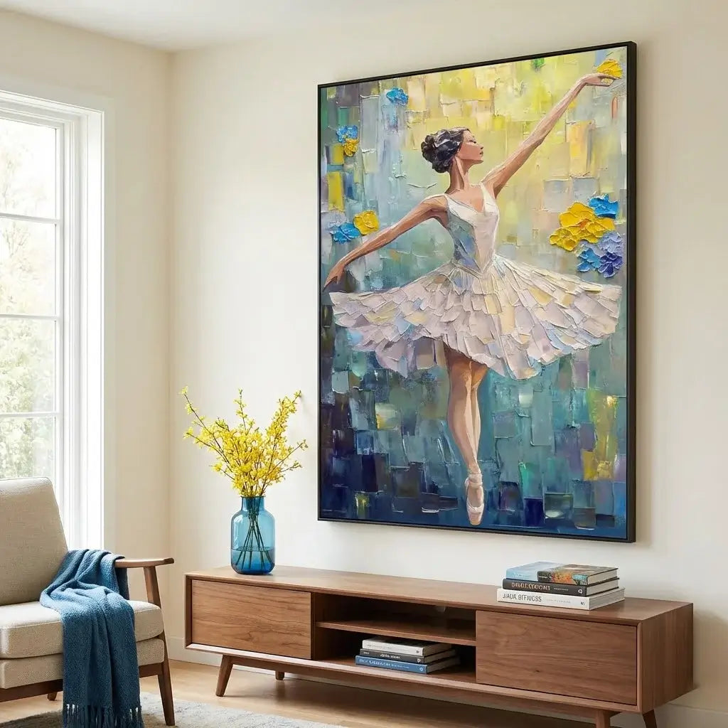 Colorful painting of a dancer in a living room setting with a wooden cabinet and vase.
