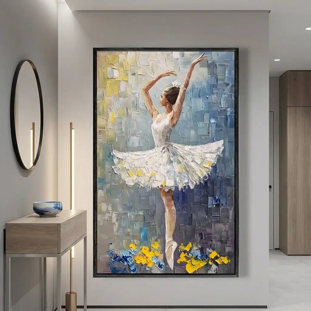 Framed painting of a ballerina in a modern interior setting
