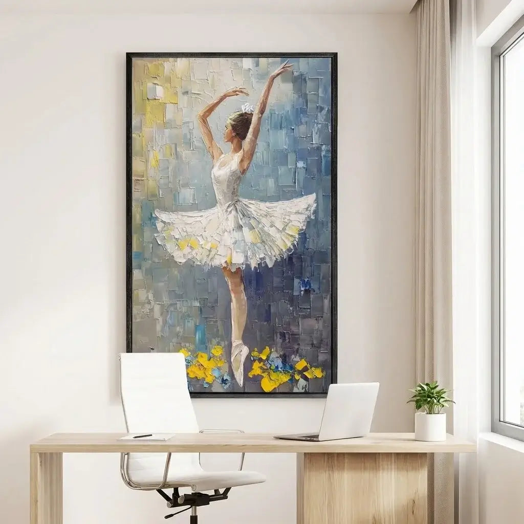 Framed artwork of a ballerina in a modern office setting