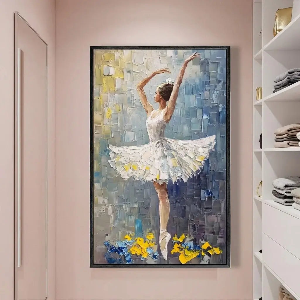 Framed painting of a ballerina in a white dress with flowers on a textured background, hanging on a wall.