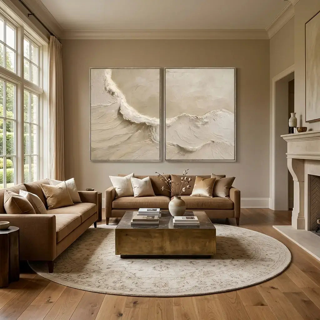 Living room with brown sofas, a coffee table, and wall art.