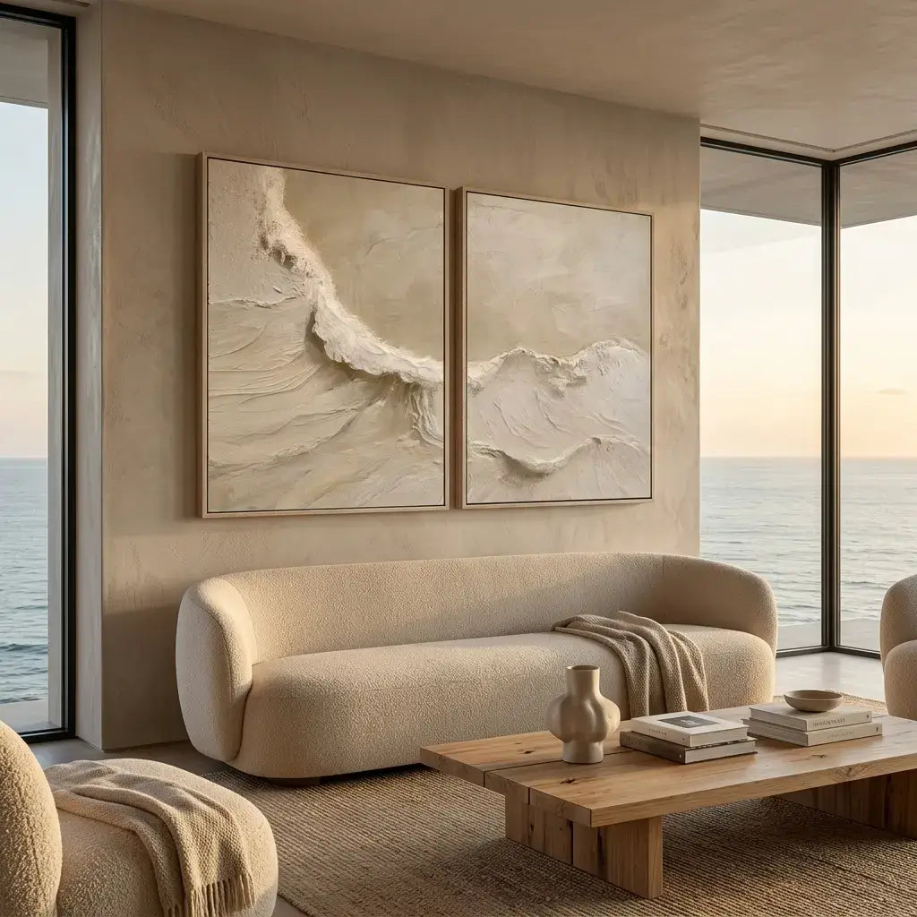 Modern living room with beige sofa, wooden coffee table, and ocean view