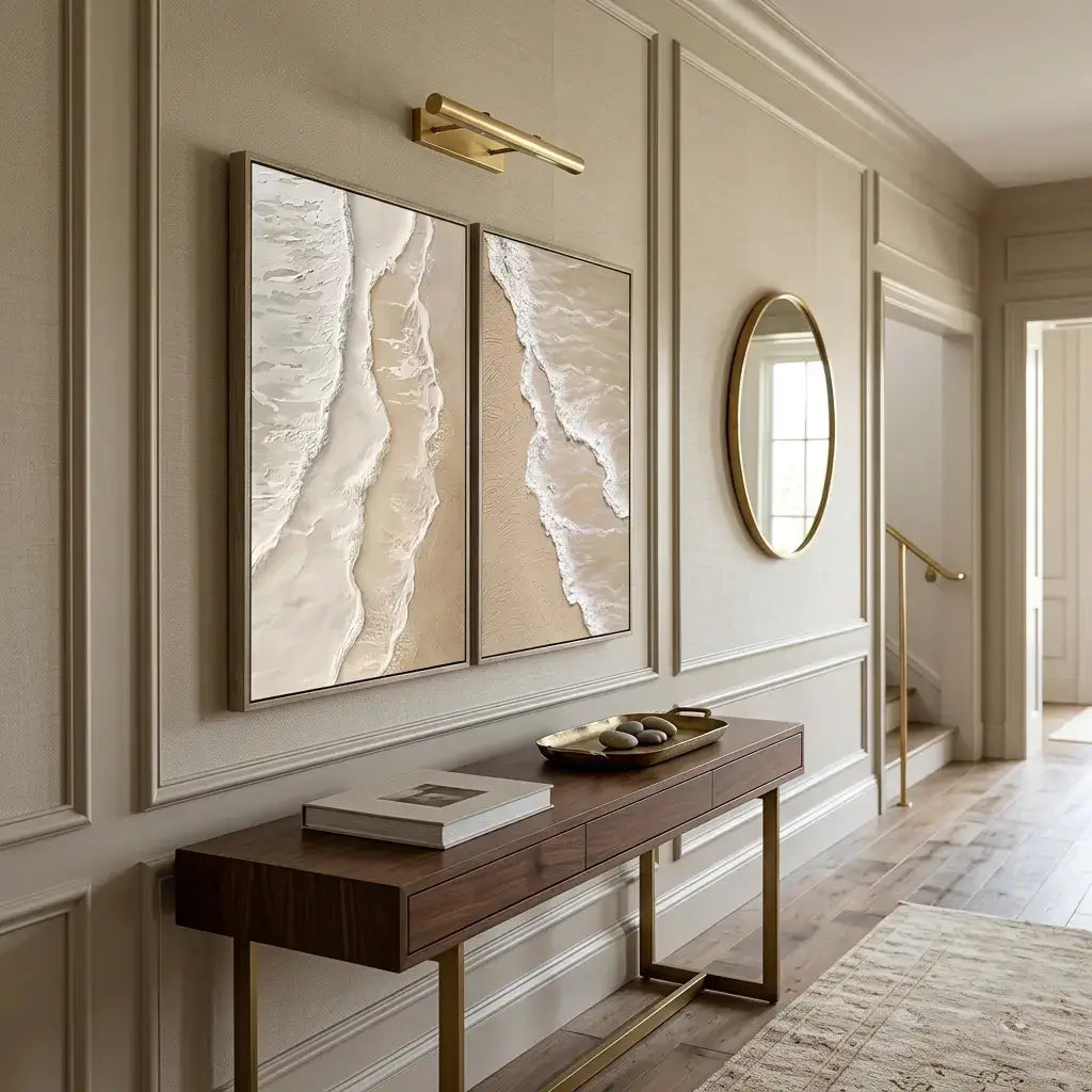 Elegant interior design with wall art, mirror, and console table.