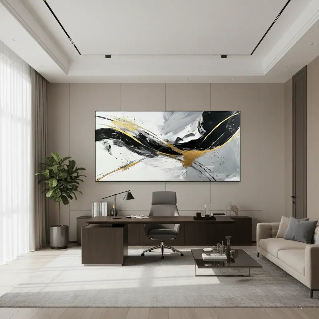 Modern office interior with a large abstract painting on the wall.