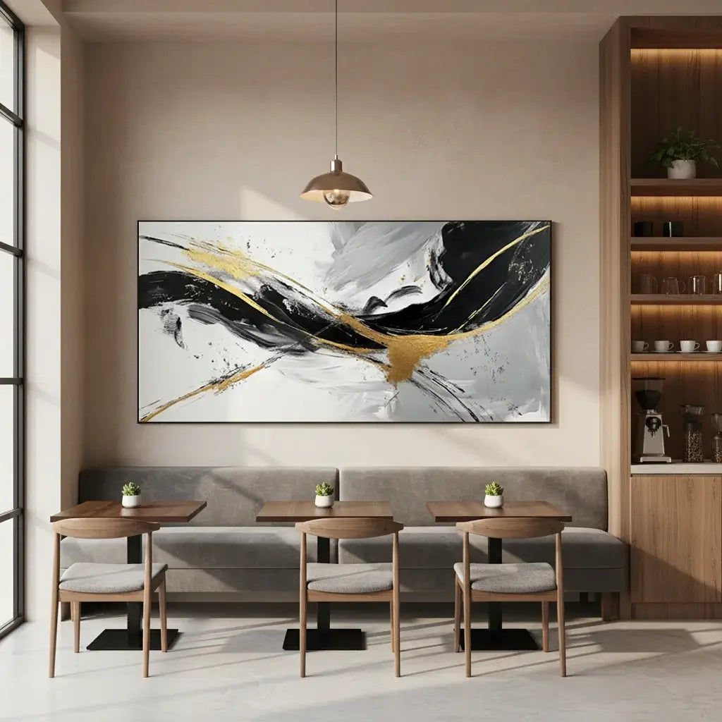 Modern dining area with abstract art on the wall
