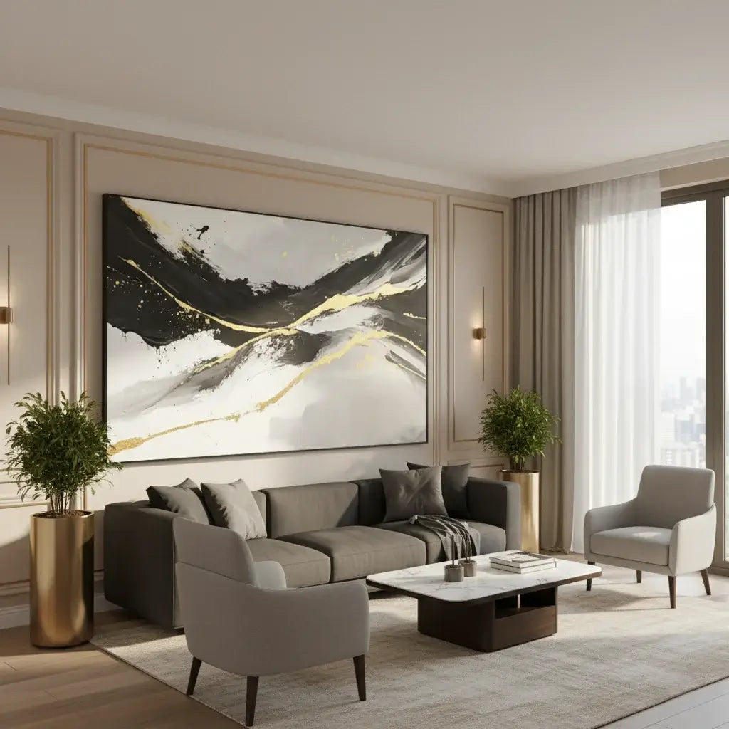 Modern living room with gray sofa, armchairs, and abstract art on the wall.