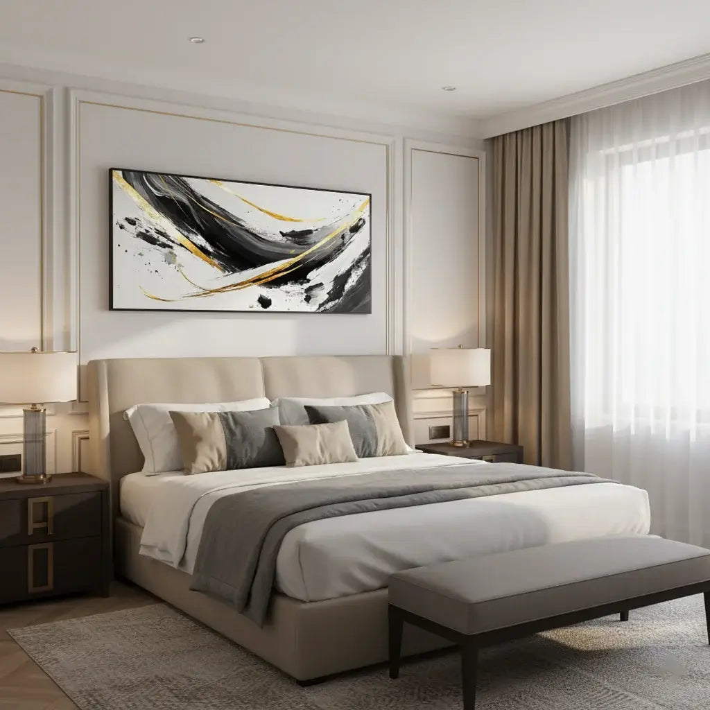 Modern bedroom with a bed, abstract painting, and side tables.