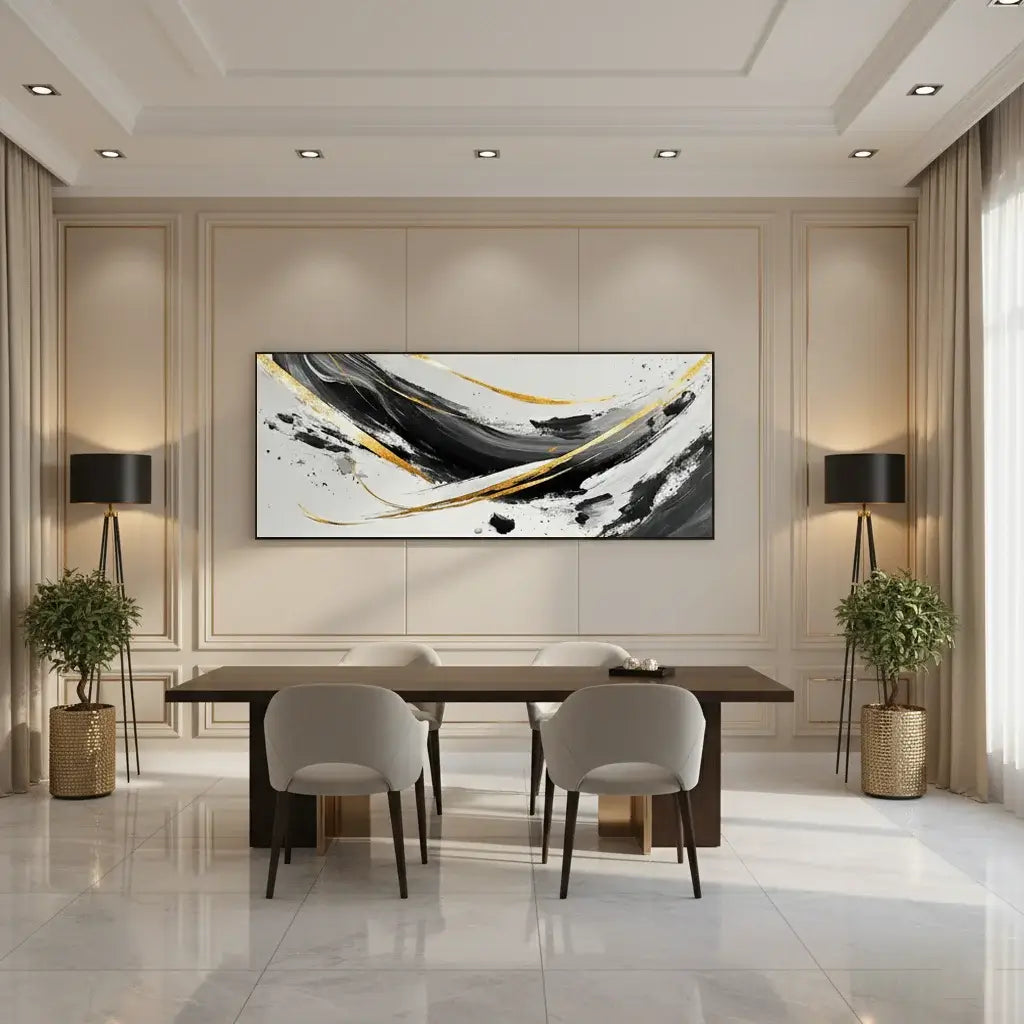 Modern dining room with abstract painting on the wall, table, and chairs.