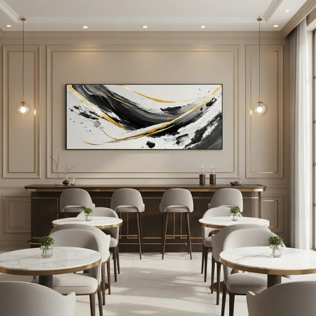 Modern restaurant interior with abstract art on the wall