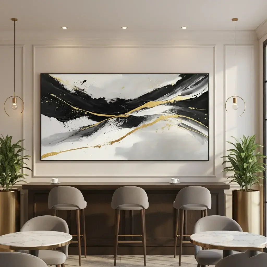 Modern office interior with a large abstract painting on the wall.